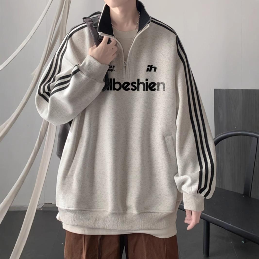 Half Zipper Sweater Mens Autumn and Winter Plus Velvet Padded Polo Collar Clothes Leisure Coat M