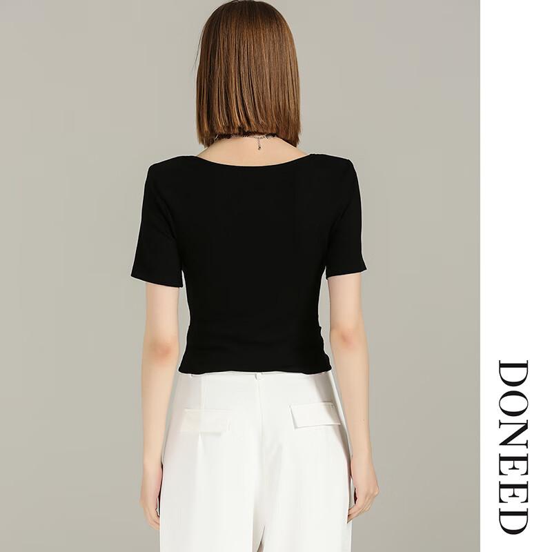 DONEED Women's Slim-Fit Solid Color Knitted Crew Neck T-Shirt