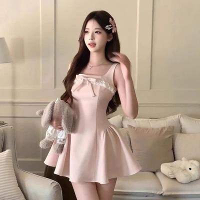 Pink Sweet Daughter Dress Women's Summer New French Bow Waist Princess Fluffy Short Skirt