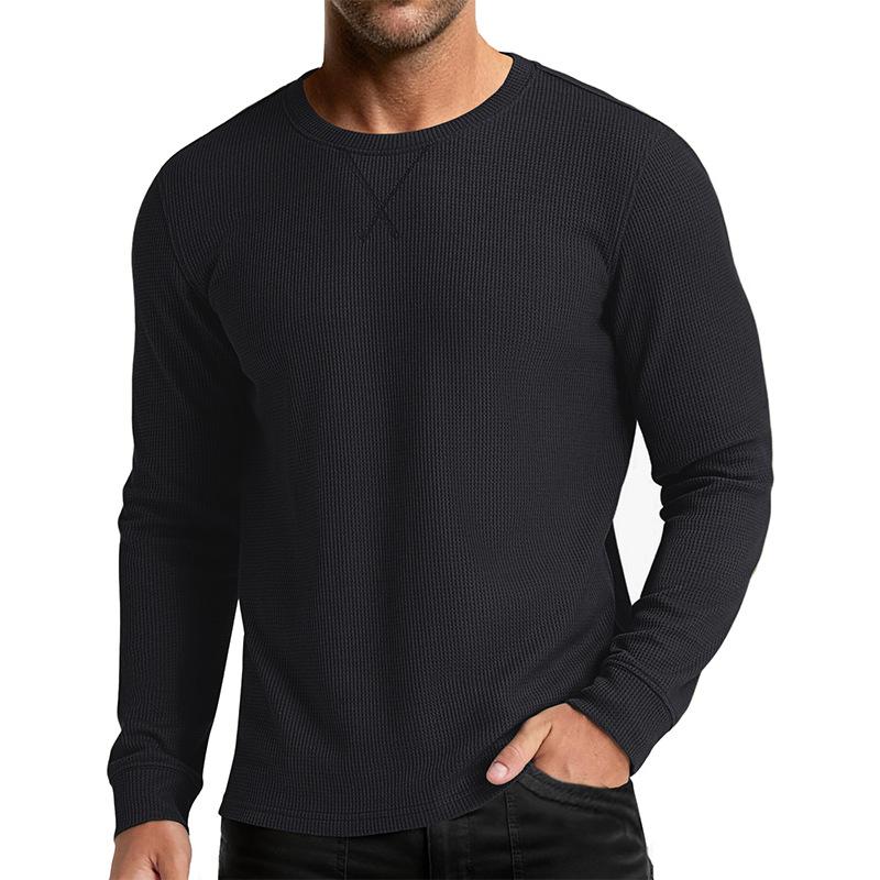 New Men's Long-sleeved Round Neck T-shirt Autumn and Winter Waffle Bottoming Shirt Top