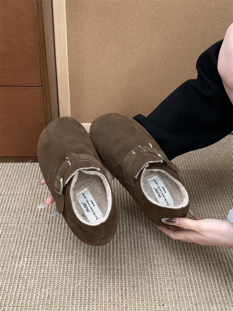 5CM inner height increase for small people~ Birkenstock shoes women's thick-soled half-drag velvet autumn and winter cotton shoes new bag head cowhide