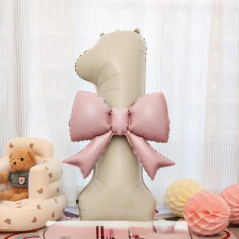 

40 Inch Cream-White Number 0-9 Aluminum Foil Balloon with Light Pink Bow for Birthday/Anniversary Party New Year Decorations 40inch