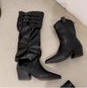 Fashion Women Knee High Boots Sexy Pointed Toe Heeled Shoes Elegant 2025 Winter Trend New Fashion Chelsea Boots Woman Chunky Pumps Mujer