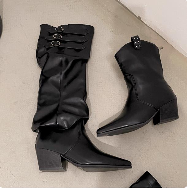 Fashion Women Knee High Boots Sexy Pointed Toe Heeled Shoes Elegant 2025 Winter Trend New Fashion Chelsea Boots Woman Chunky Pumps Mujer