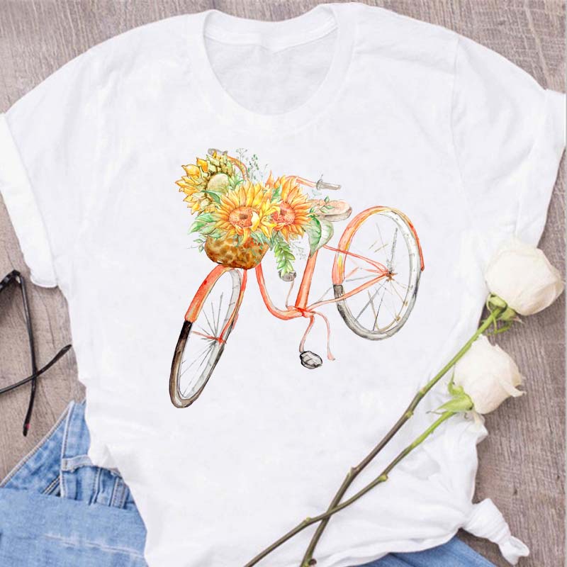 Woman Funny Bicycle Floral Print T Shirt Harajuku Women Tshirts Casual O-Neck Short Sleeves Tops Tees Shirt,Drop Shipping