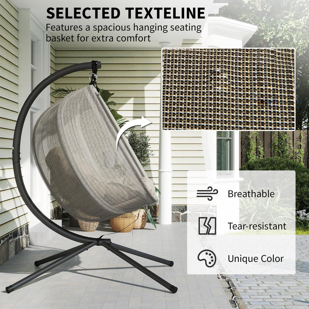 Double Hanging Egg Chair 2 Seaters Texteline Swing Hammock Chair with Stand, Cushion and Folding Design, for Indoor and Outdoor, Brown