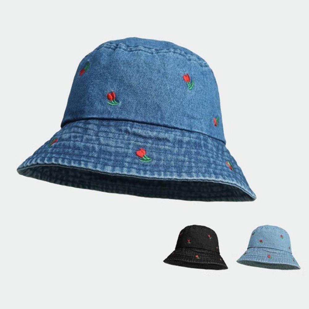 Breathable Rose Embroidered Denim Fisherman Hat Wide Brim Foldable Women's Bucket Hat Sun Protection Beach Sun Hat Outdoor