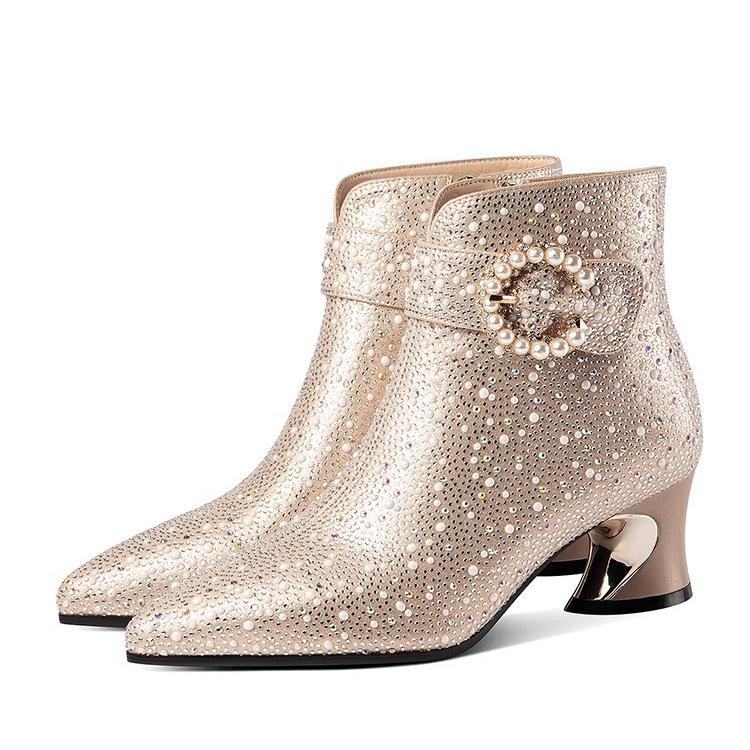 Pointed short boots women's 2025 autumn and winter new temperament socialite rhinestone thick heel women's boots high-end cheongsam fashion boots
