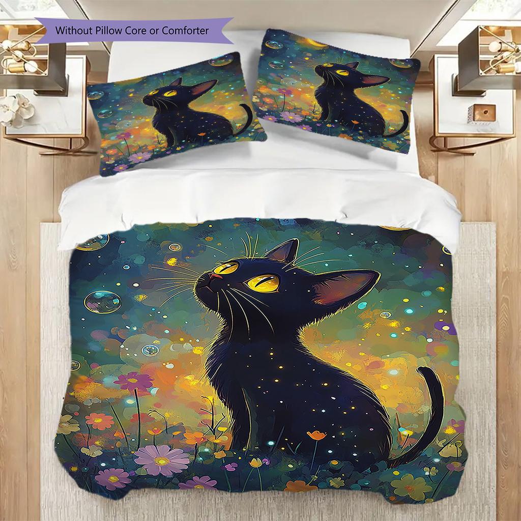Black Cat Pattern Bedding Quilt Set Quilt Cover Pillowcase Home Decoration Birthday Gift (1 * Duvet Cover + 2 * Pillowcase, Without Core)