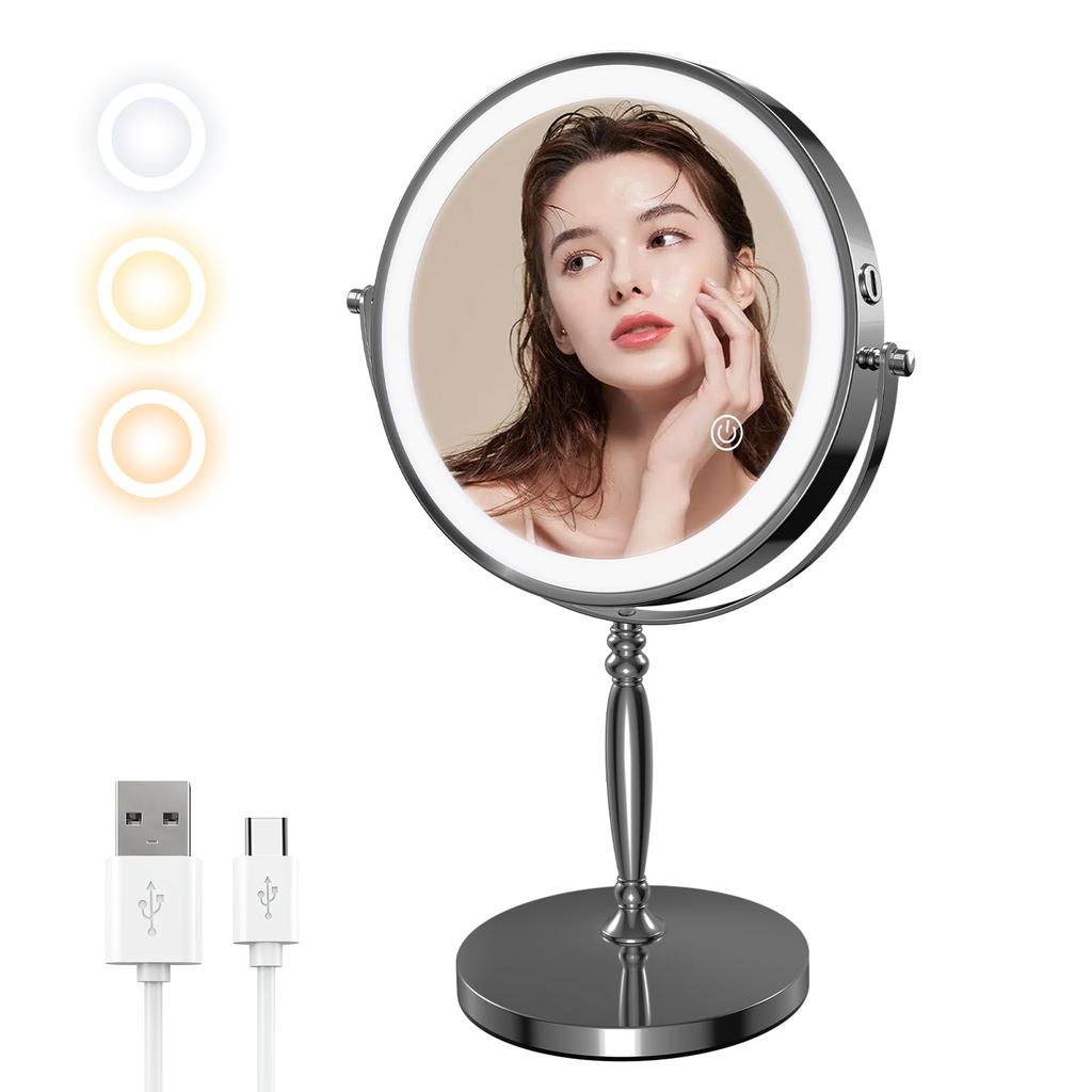MILPROX Actress Magnifying Mirror with Stand Tabletop Makeup USB 2000mAh High Adjustable Color Makeup Power Off Touch Rotation Mirror, Light, Mirror,