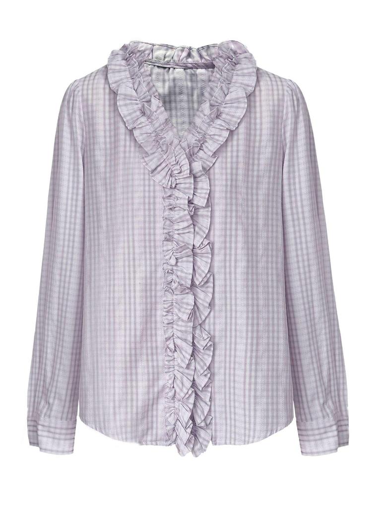 LUXI Women's V-Neck Ruffle Trim Plaid Shirt - 2026 Spring Korean Style Versatile Texture
