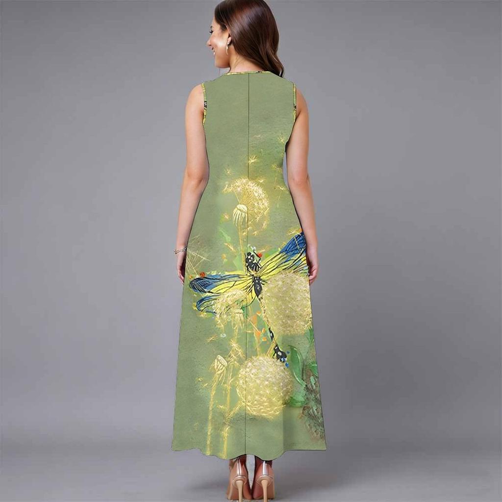 Oversized Sleeveless Round Neck Dress Elegant Clustered Floral Print Knee Length Flowy Dress