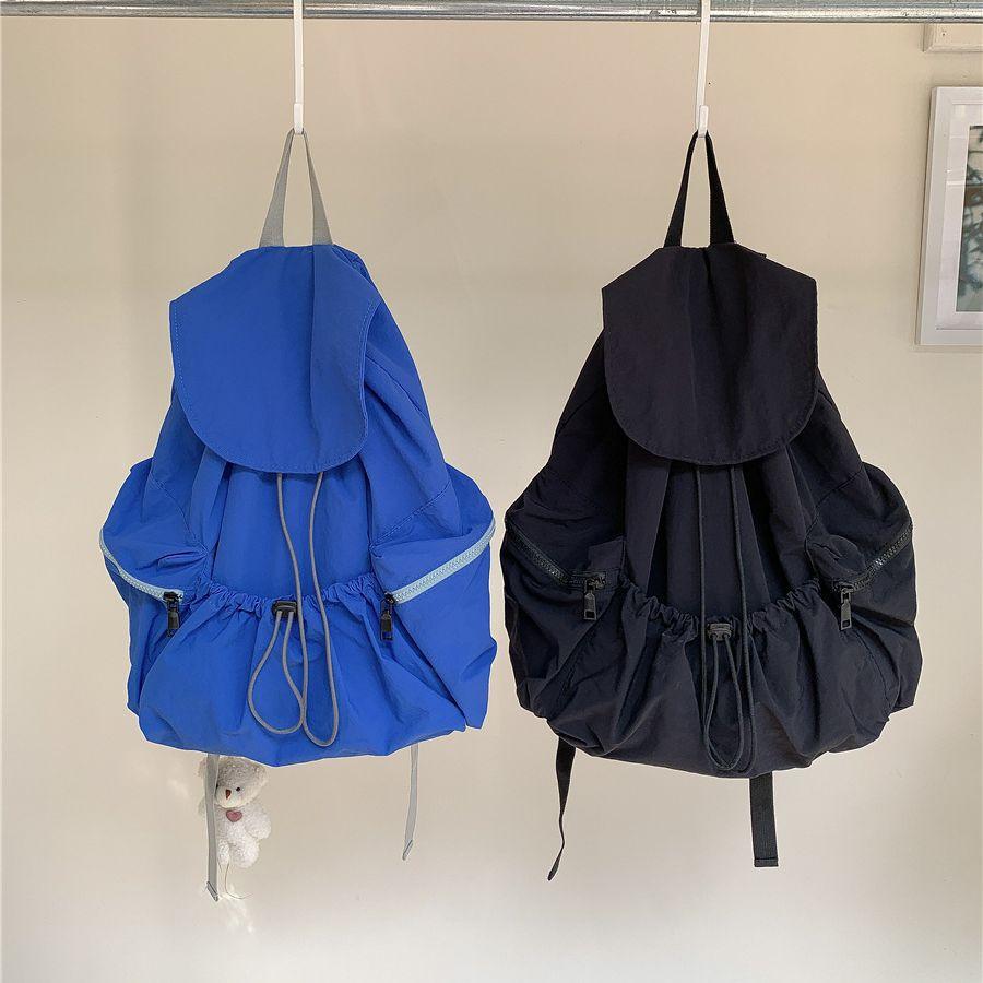 Women's Casual Backpack New Pleated Drawstring Nylon Backpack Women's Trend Large Capacity Flip Student Backpack for Girls