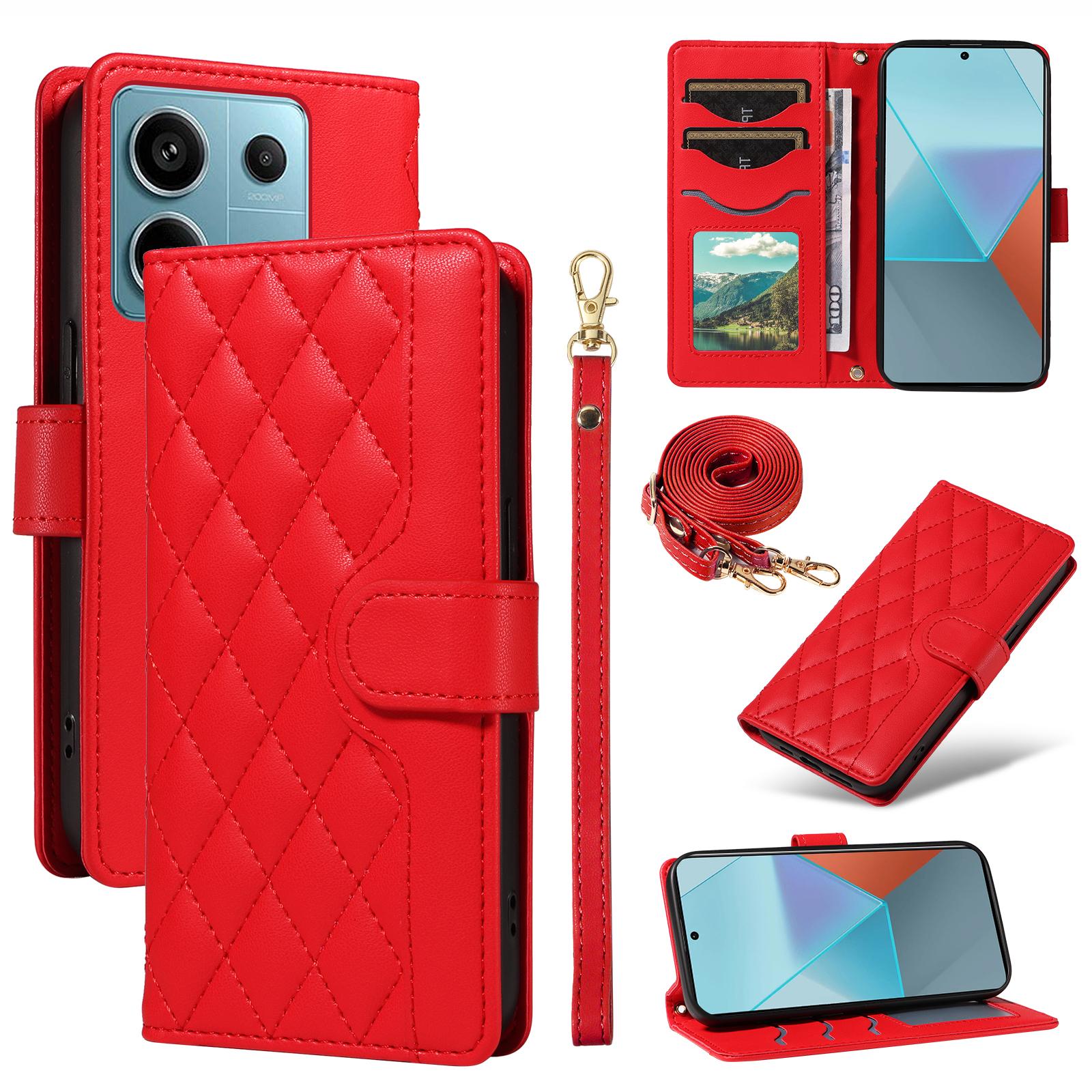 

Для Xiaomi Poco X6 5G/Redmi Note 13 Pro 5G Чехол-кошелек Ромбовидный кожаный чехол для телефона с плечевым ремнем, ремешком на запястье Red