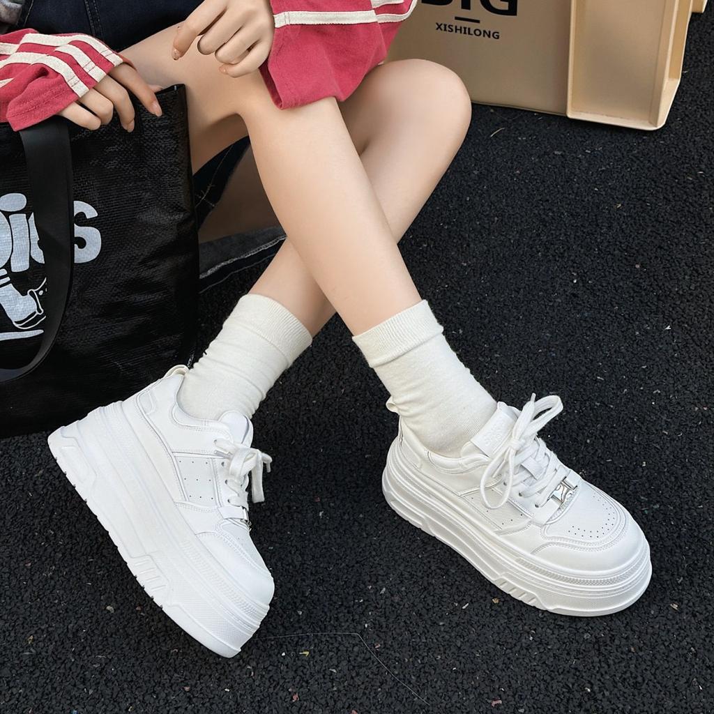2025 Early Spring New Heightening 6CM Thick-soled Ultra-light Little White Shoes Women's Versatile Casual Muffin Lace-up Lock Board Shoes