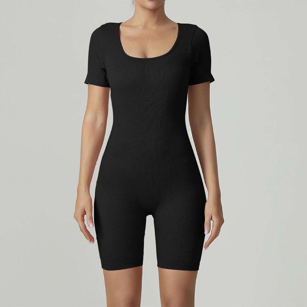 Women's Fashionable U Neck Short Sleeved Tight Fitting Yoga Fitness Jumpsuit