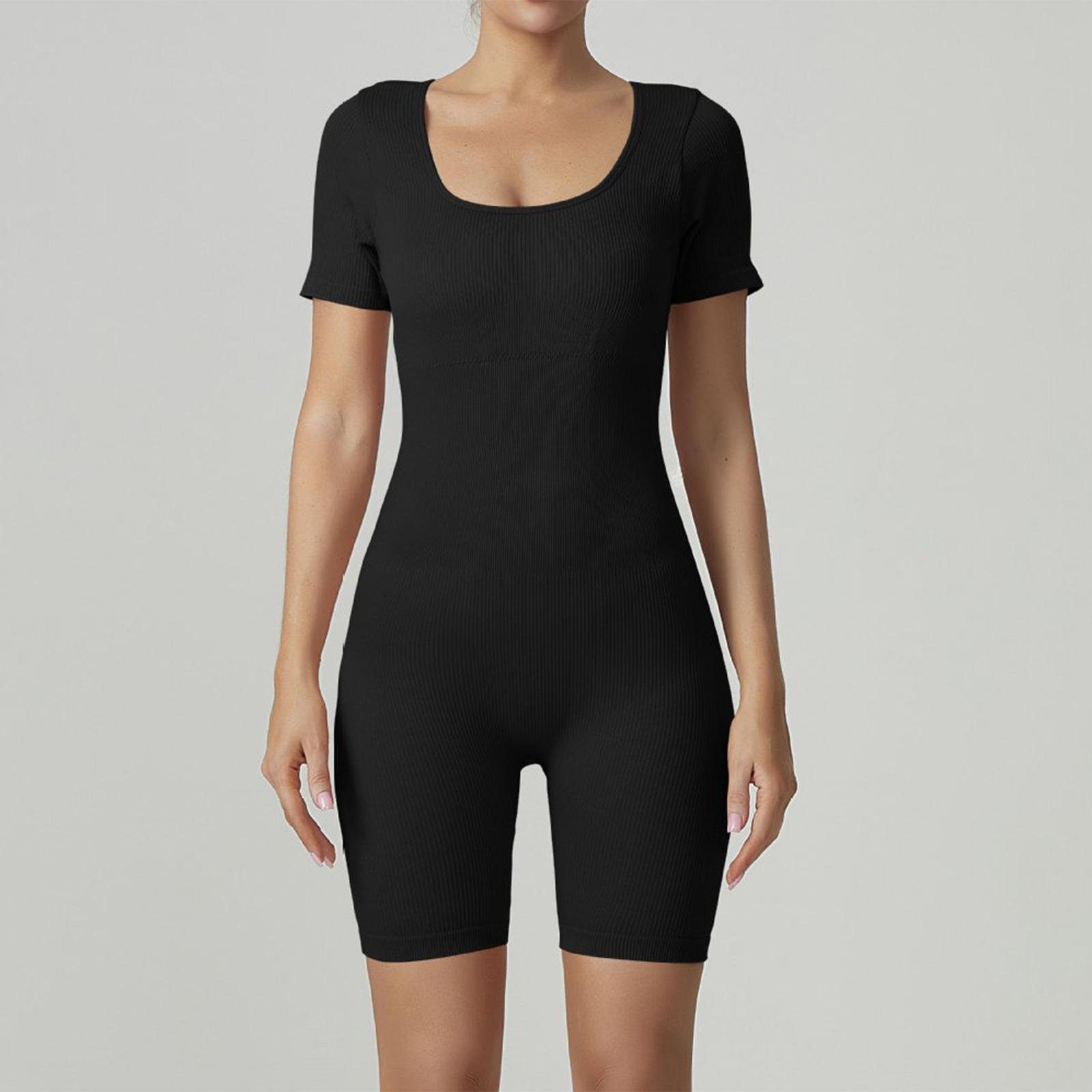 

Women s Fashionable U Neck Short Sleeved Tight Fitting Yoga Fitness Jumpsuit L чёрный