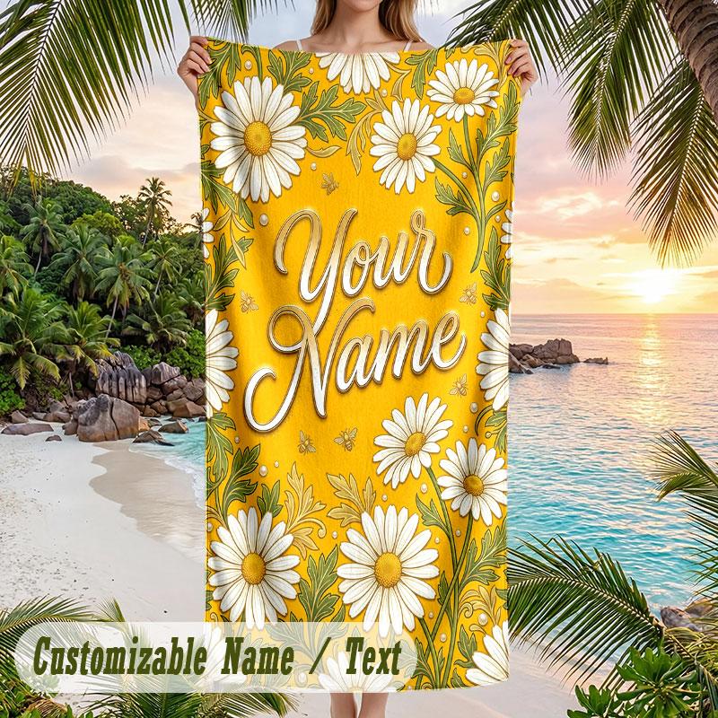 Floral 3 Theme Quick Dry Beach Towel Custom Name Text Print Large Sand Resistant Towel Beach Vacation