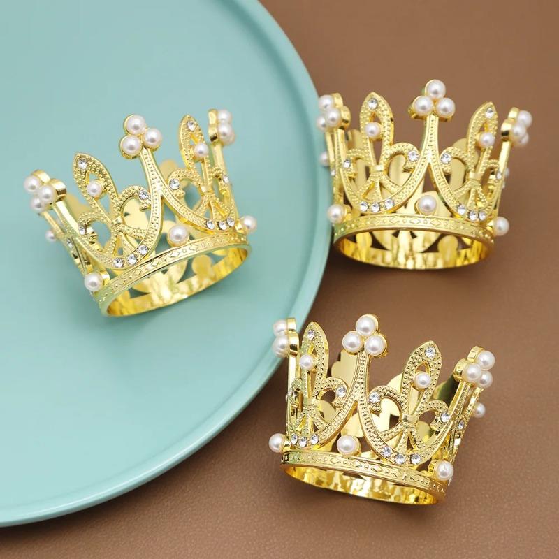 Mini Pearl Crown Cake Decoration Gold Silver Cupcake Topper Kids Hair Ornaments DIY Cake Baking Birthday Party Favors Supplies