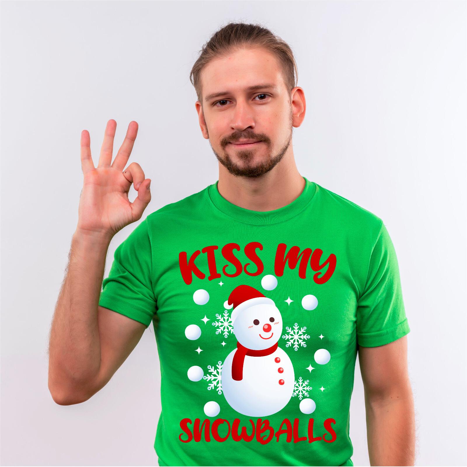 Kiss My SnowBalls Christmas T-Shirt Funny Santa Joke Spoofs Xmas Adults Top XXXL