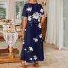 Women's Fashionable And Casual Long Beach Skirt Round Neck Short Sleeved Loose Retro Print Dress