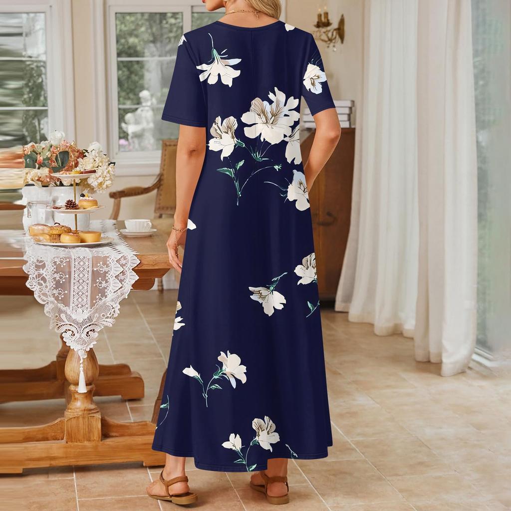 Women's Fashionable And Casual Long Beach Skirt Round Neck Short Sleeved Loose Retro Print Dress