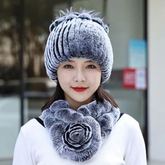 Neue Mode Frauen Winter Echte Rex Kaninchen Pelzmütze Schal Natürliche Weiche Rex Kaninchen Pelz Kappe Schals Sets Für Dame Im Freien warm halten