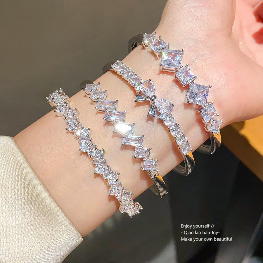 Zircon Irregular Square Cuff Bracelet In Silver For Fashionable Office Wear