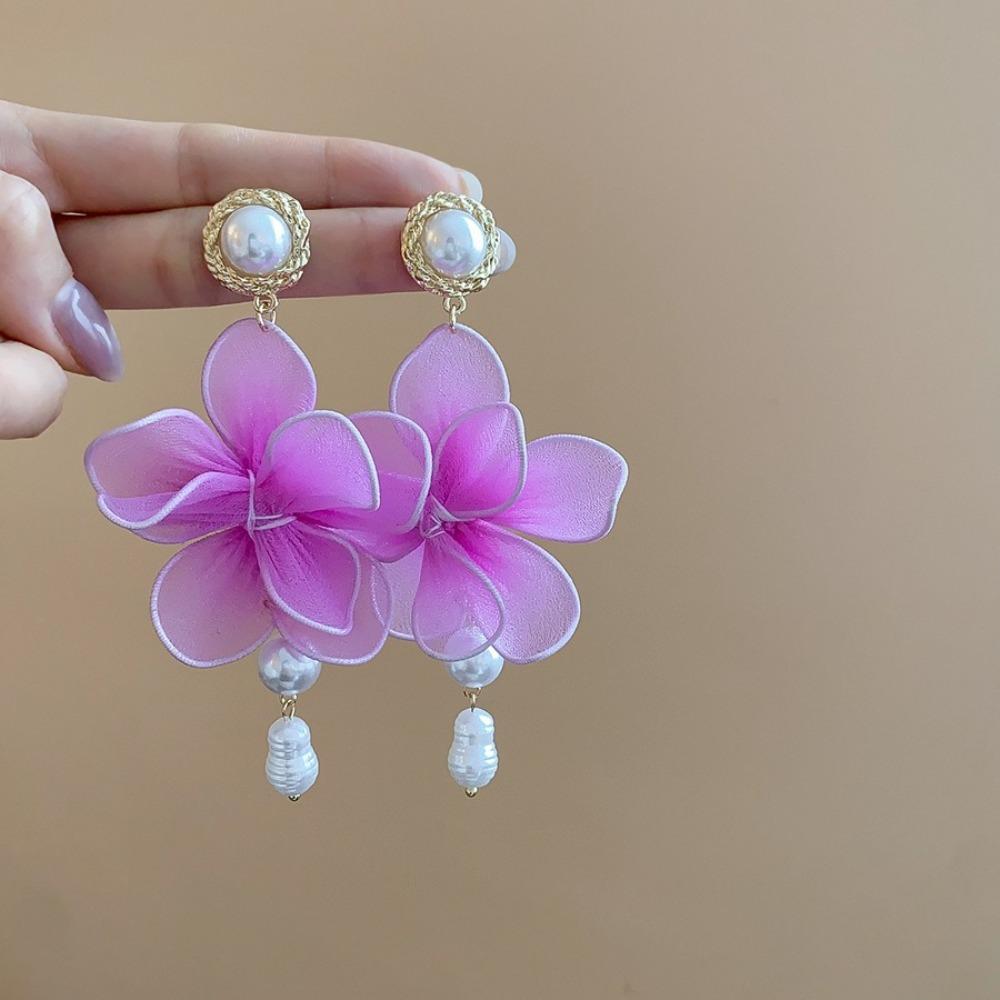 Sweet Beach Earrings Exaggerated Petals Stud Earrings Romantic Mesh Flower Dangle Earrings  Party