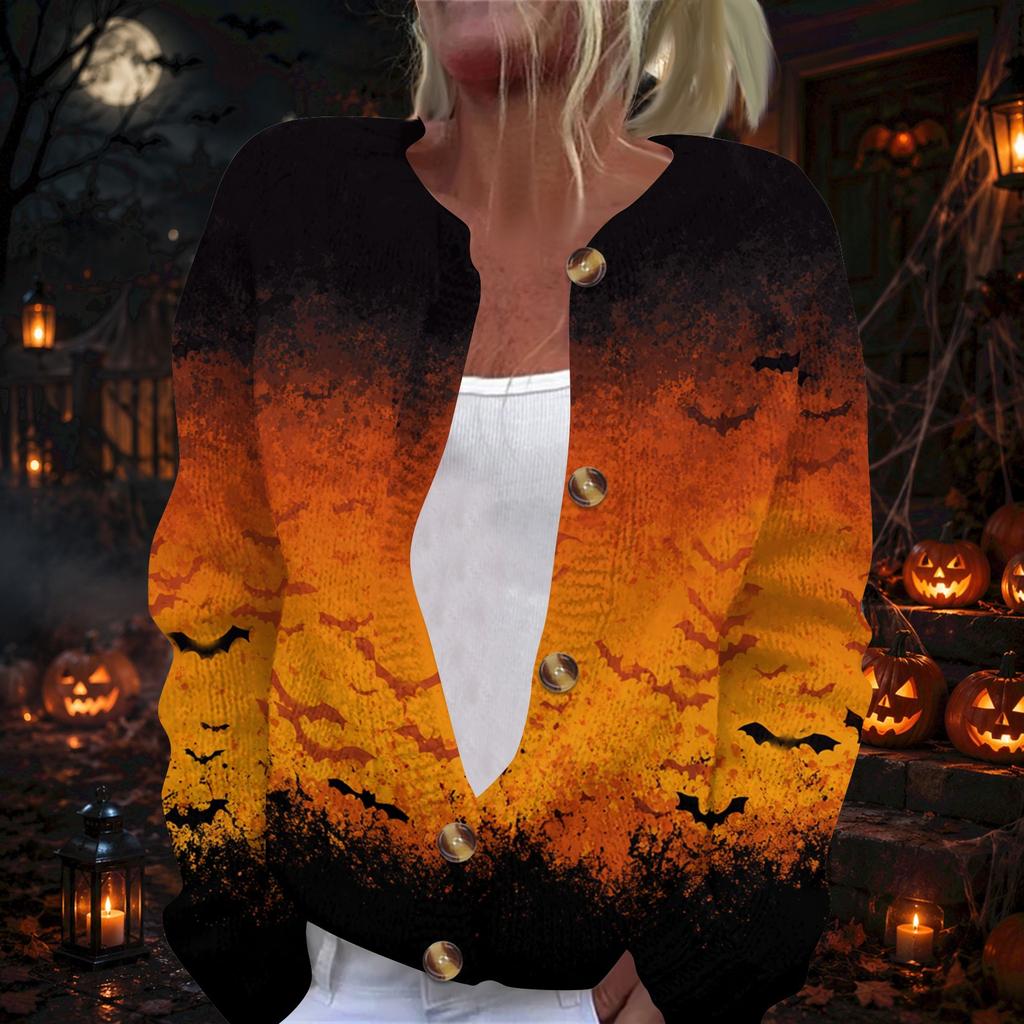 Women's Halloween Print Long Sleeve Knit Cardigan with Button Front