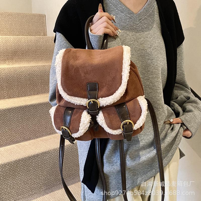 

Manufacturer s high-texture backpack 2025 autumn and winter Korean version retro matte suede lamb wool multi-pocket backpack