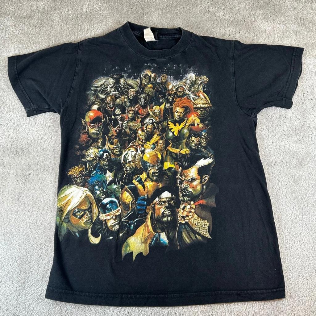 Mad Engine Marvel Comics Character Collage Shirt Mens S Black Graphic Tee Faded
