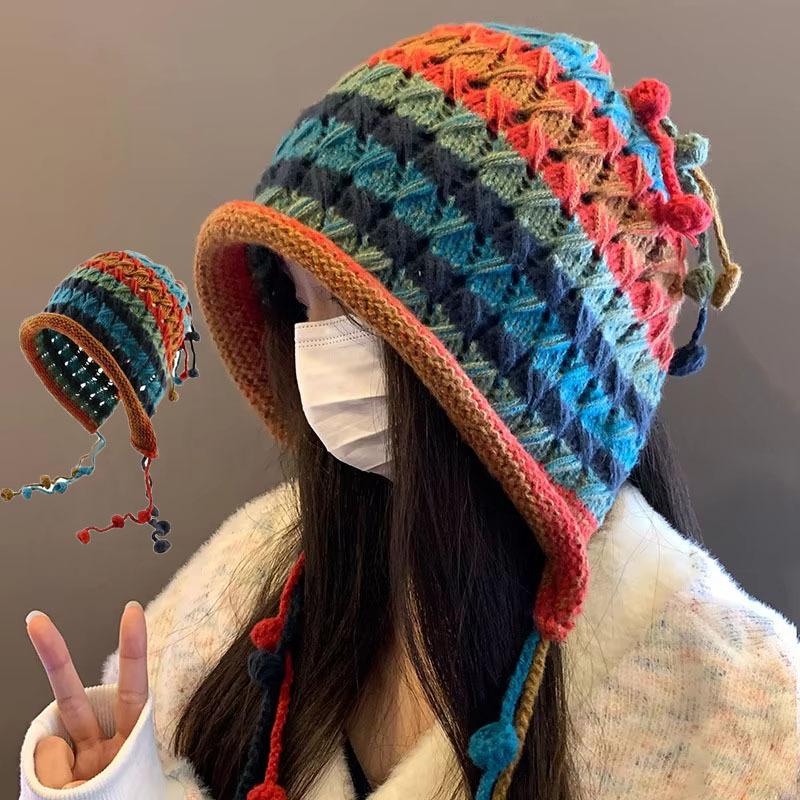Women Winter Knitted Cap Ball Decor Elastic Thick Autumn Tassel Up Out Winter Hat Hollow Warm Cap Ear Protection Hat