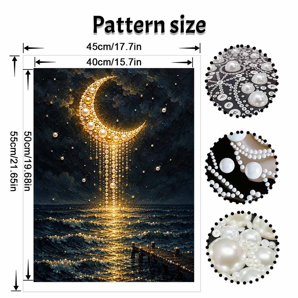 Unique 5D Framed Pearl Painting Kit with Golden Crescent Moon Night Sea Pattern Sparkling Bead Art Canvas DIY Handmade Craft for Living Room Decor
