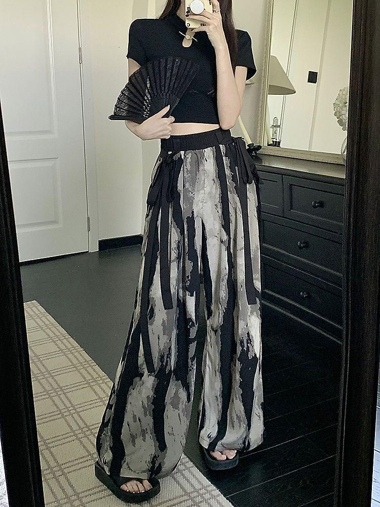 Plus Size Chinese Ink Painting High Waist Wide Leg Summer Skirt-Pants for Women