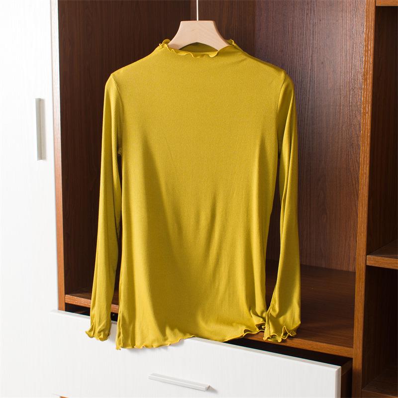 Women's Korean Style Modal Long Sleeve Base Layer T-shirt, Half-High Neck, Plus Size, Thin, Solid Color, Autumn Top