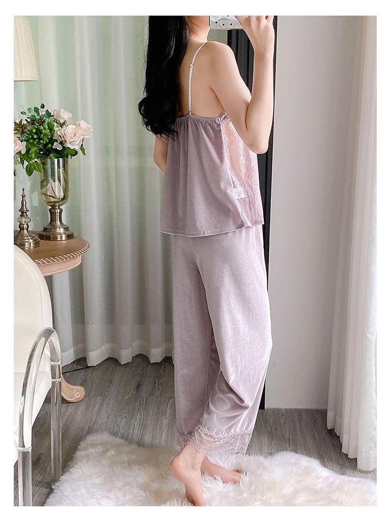 Damen Eisseide Dreiteiliger Pyjama-Set - Spitzen-Camisole, Lange Hose, Morgenmantel - Sexy Frühling/Sommer Homewear