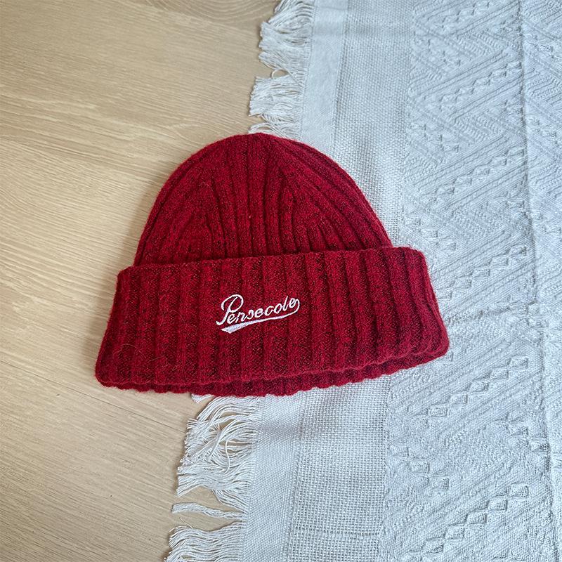 Letter Embroidered Knitted Hat Autumn and Winter Warm Solid Color Woolen Hat Big Head Circumference Showing Face Small Woolen Hat