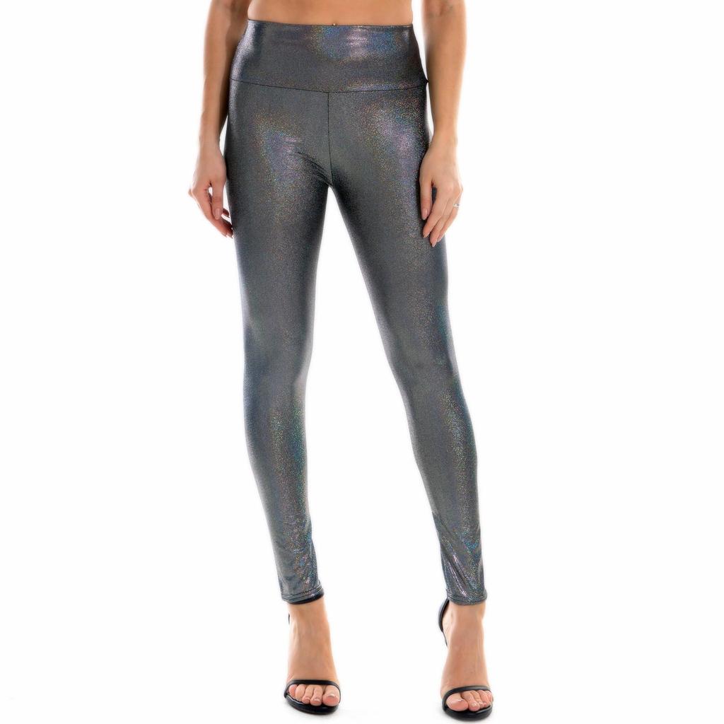 Damen Leggings mit Metallic-Effekt, sexy, hohe Taille, elastische Skinny-Hose, Disco-Hose