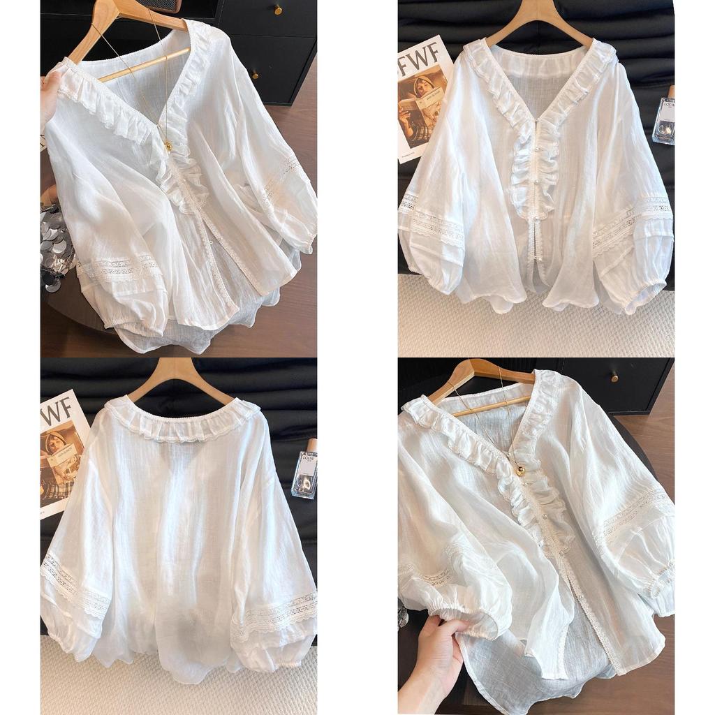 Summer Blouse With Ruffled Lace Trim Vneck Long Sleeve For Women