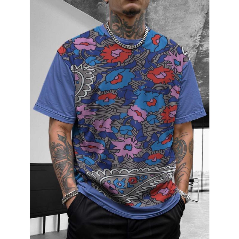Bohemian Bandana Patterned Short - Sleeve Tops Summer Round Neck 3D Print Fashionable Casual Men's T-shirts