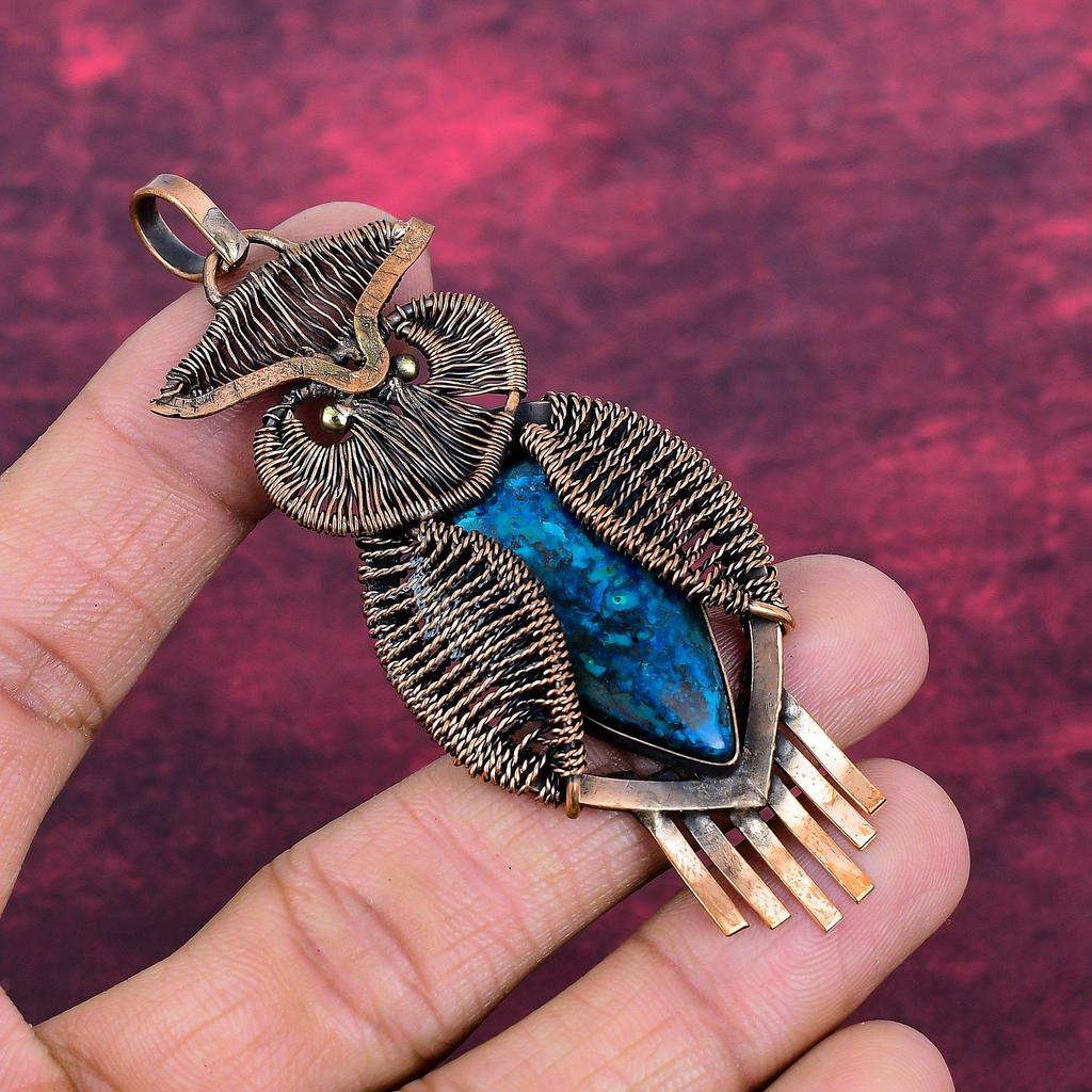 Azurite Malachite Pendant Copper Wire Wrap Antique Jewelry Gemstone Owl Pendant