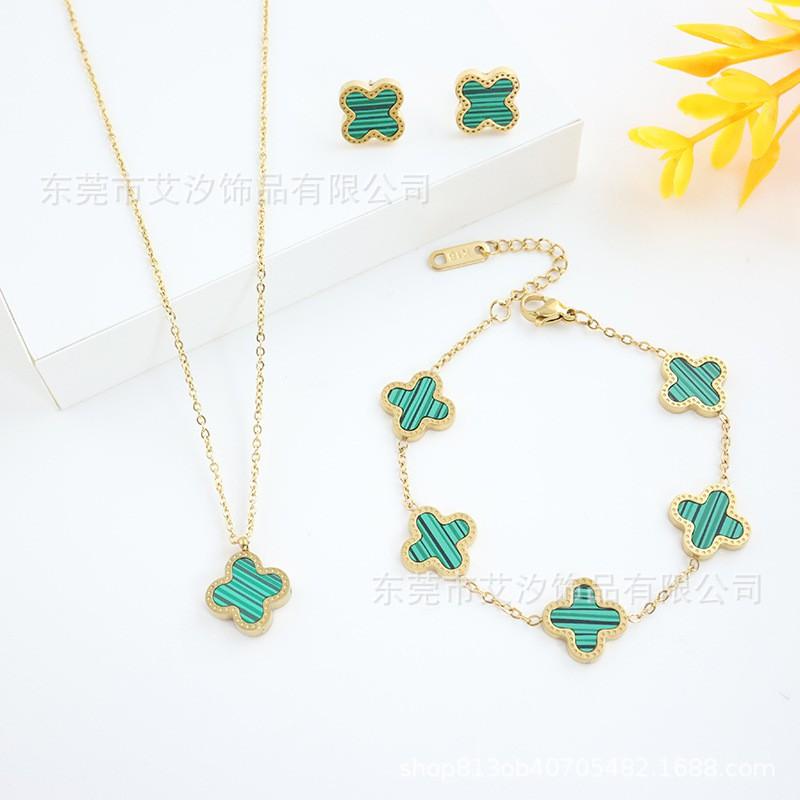 13mm Lucky Clover Floral Set Necklace Bracelet Earrings Titanium Steel 18K Plated Fashion Jewelry Women Men