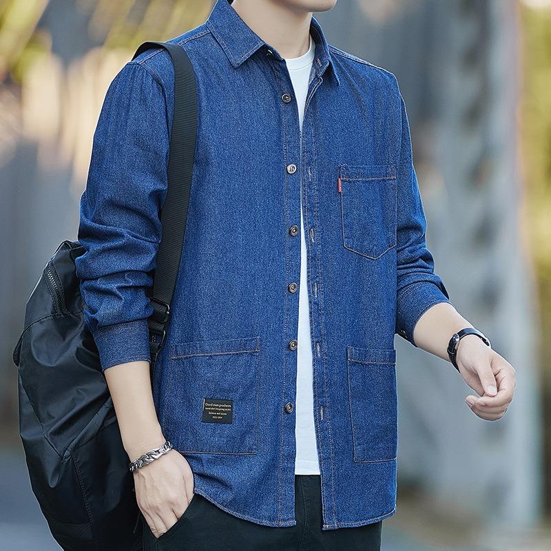 Mens 100 Cotton Denim Long Sleeve Casual Work Shirt Multiple Pockets