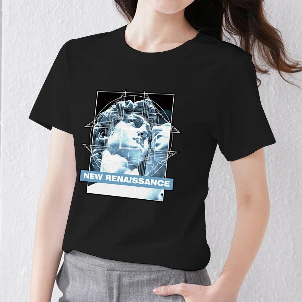Retro Frauen Kleidung T-shirt Casual Slim Top Einfache Schwarz Pendler Kurzarm Lustige Skulptur Print Damen Mode O-ansatz Top