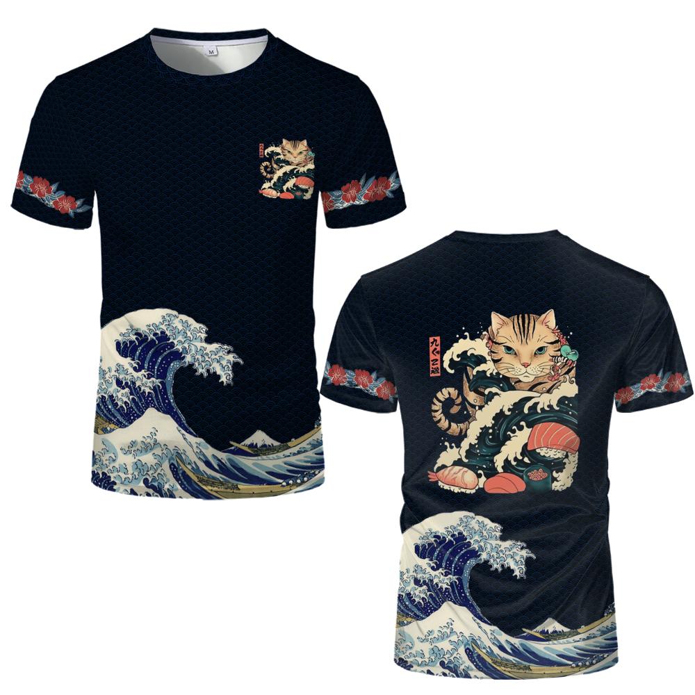 

Летняя новинка в японском стиле, футболка с рисунком кота-воина, модная повседневная футболка с принтом Ukiyo-e 3D, свободные модные топы для активного отдыха 5XL
