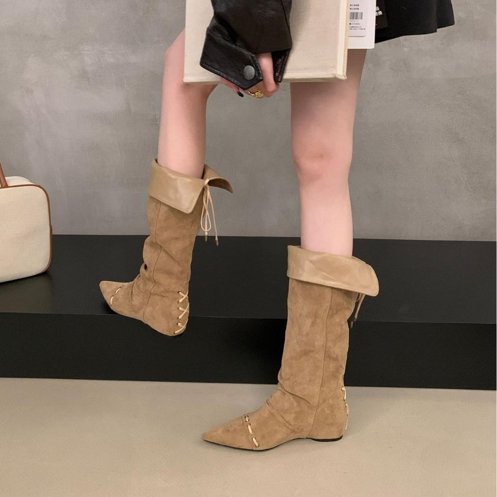 2025 new Korean version pointed head lace-up thick bottom inner slope heel tall tube thin Martin Knight western women's short boots