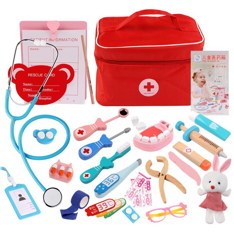 Wooden Children's Cloth Bag Nurse Medicine Box Doctor Injections Boys and Girls Birthday Gifts Simulation Play House Toys