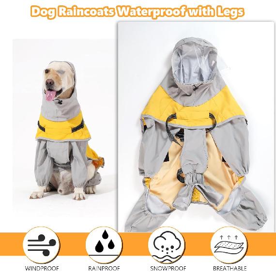 LIANZIMAU Waterproof Dog Raincoat 4 Legs with Leash Hook Reflective Adjustable Belly Strap Clear Hood Lightweight Polyester for Small Medium Large