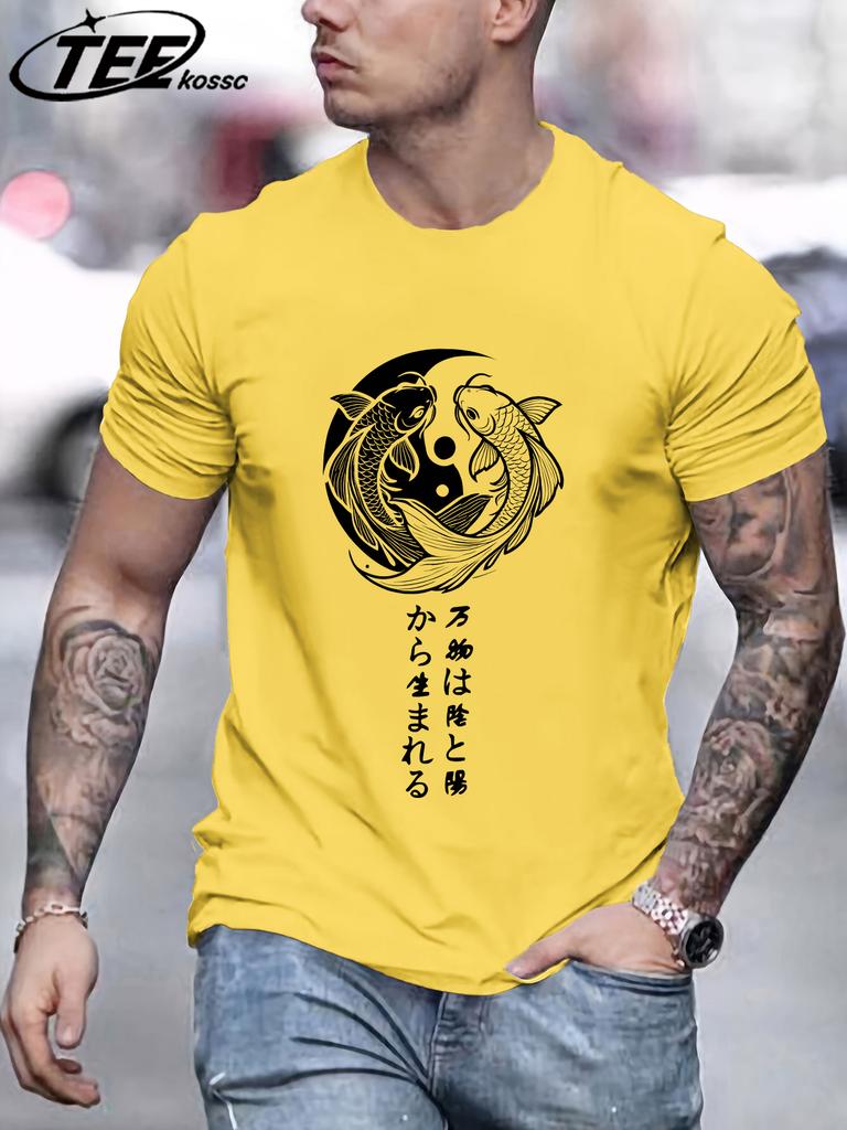 Japanese Harajuku Koi Art Letter Print Mens TShirt Loose Casual T Shirt AllMatch Cotton Streetwear Male Fashion Soft Clothing